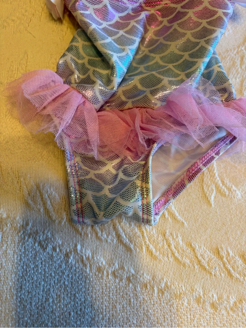 Girls' Mermaid Scale One-Piece Swimsuit with Pink Tutu and Flower Straps 18 mo